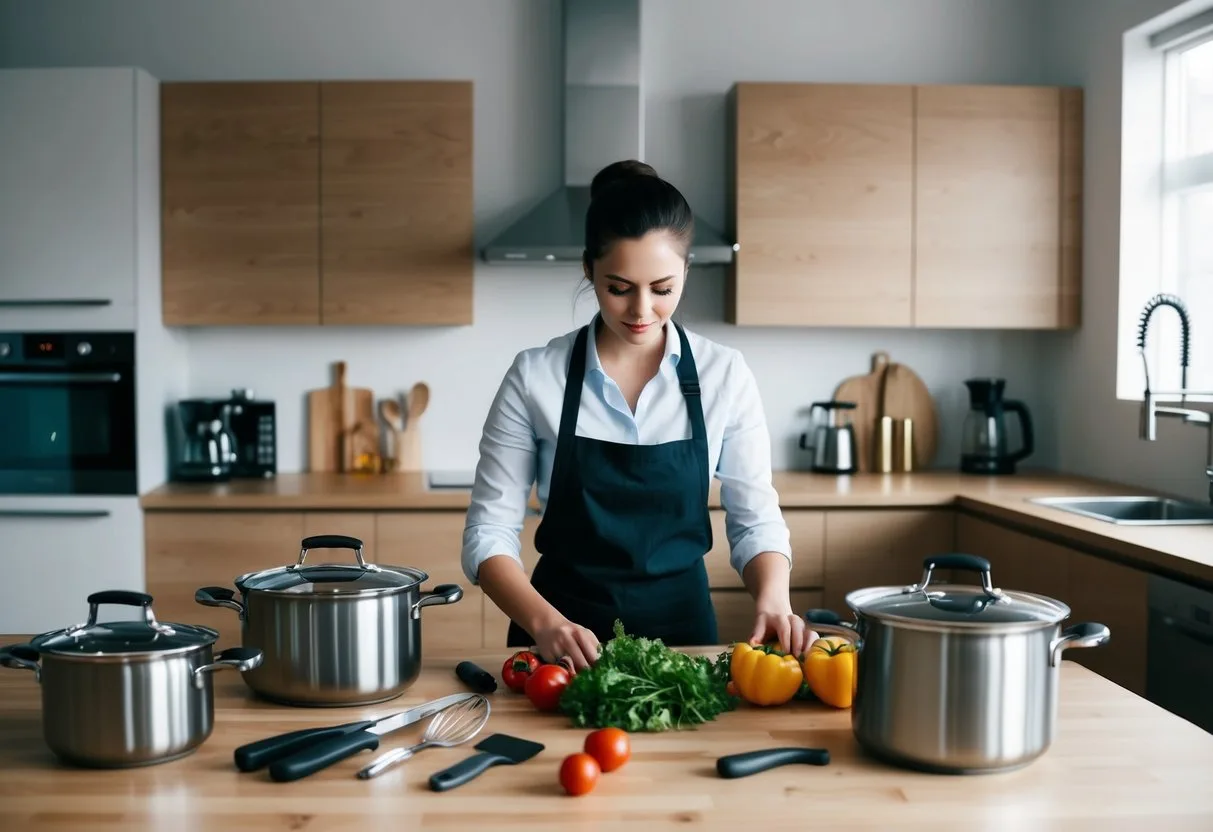 En person omgivet af moderne køkkenredskaber og apparater opgraderer deres køkkenrum